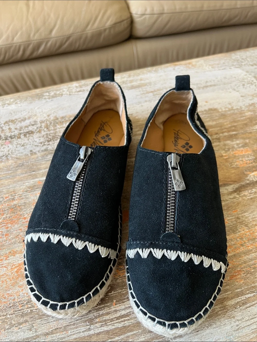 Patricia Nash Black Suede Espadrille Slip-On with Cream Stitching Size 6.5